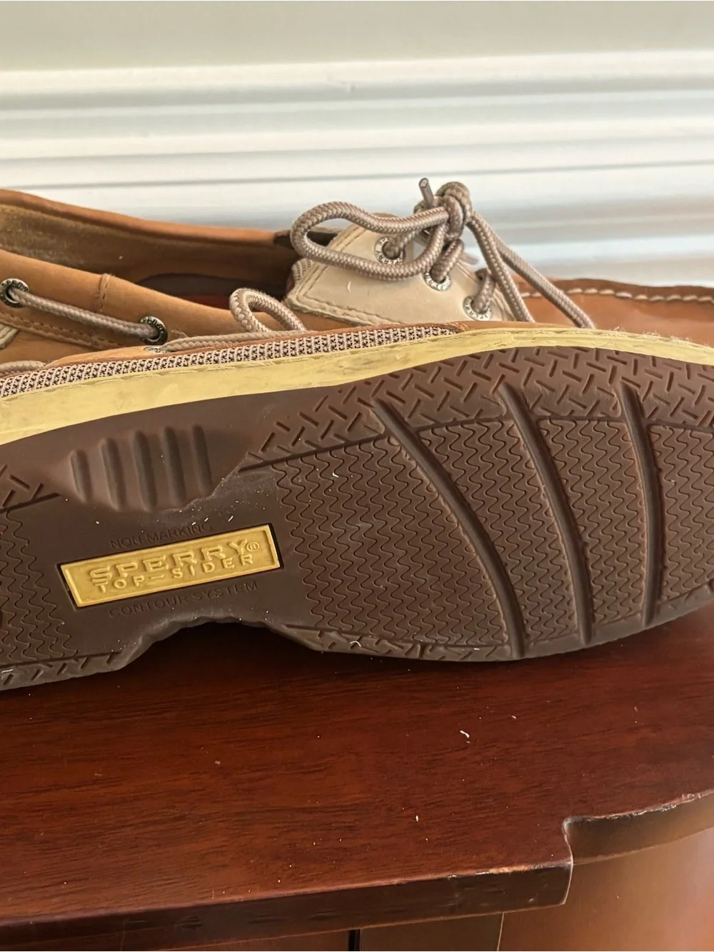 Sperry Tan and Cream Leather Mesh-Trim Boat Shoes